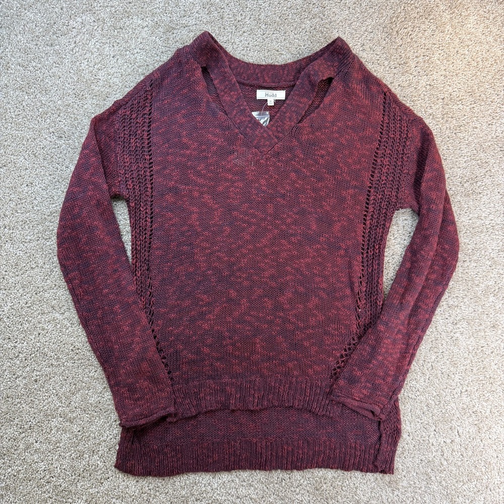 Mudd Sweater Womens M Maroon Tunic V Neck Knit Long Sleeve Pullover High Low Hem